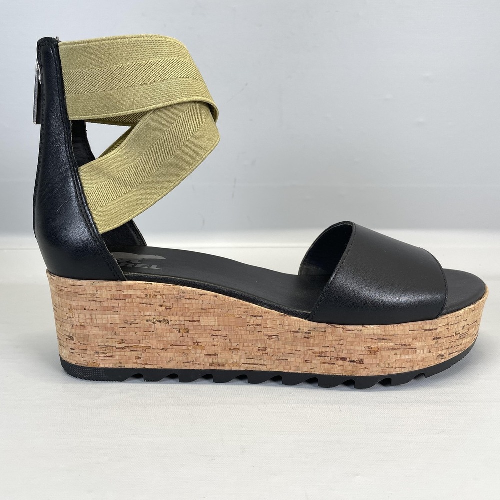 Sorel Cameron Flatform Wedge Sandals Womens Size 9.5 Black Leather‎ Ankle Strap
